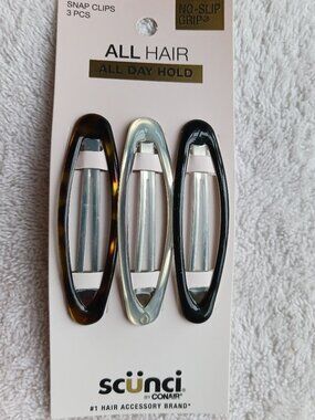 3 scunci 3" Non Slip Large Black Brown Epoxy Metal Contour Oval Snap Hair Clips